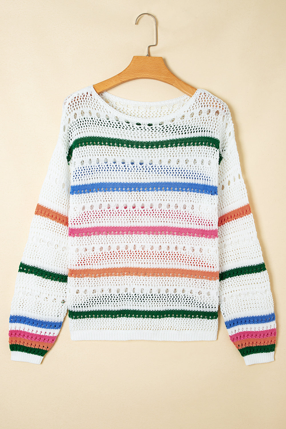 Premium White Color Block Striped Pointelle Knit Sweater