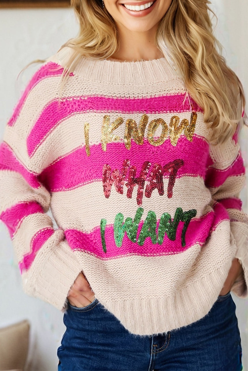 Rose Red I Know Waht I Wat Sequin Letter Graphic Sweater