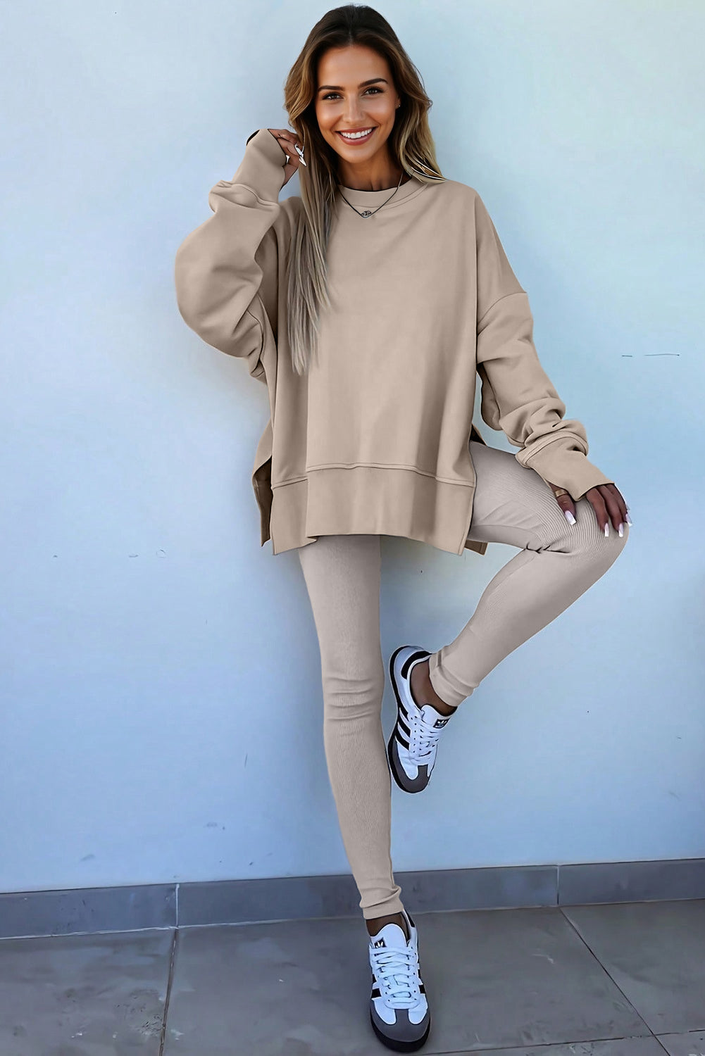 Jet Stream Oversize Slit Sweatshirt And Ribbed Leggings Set