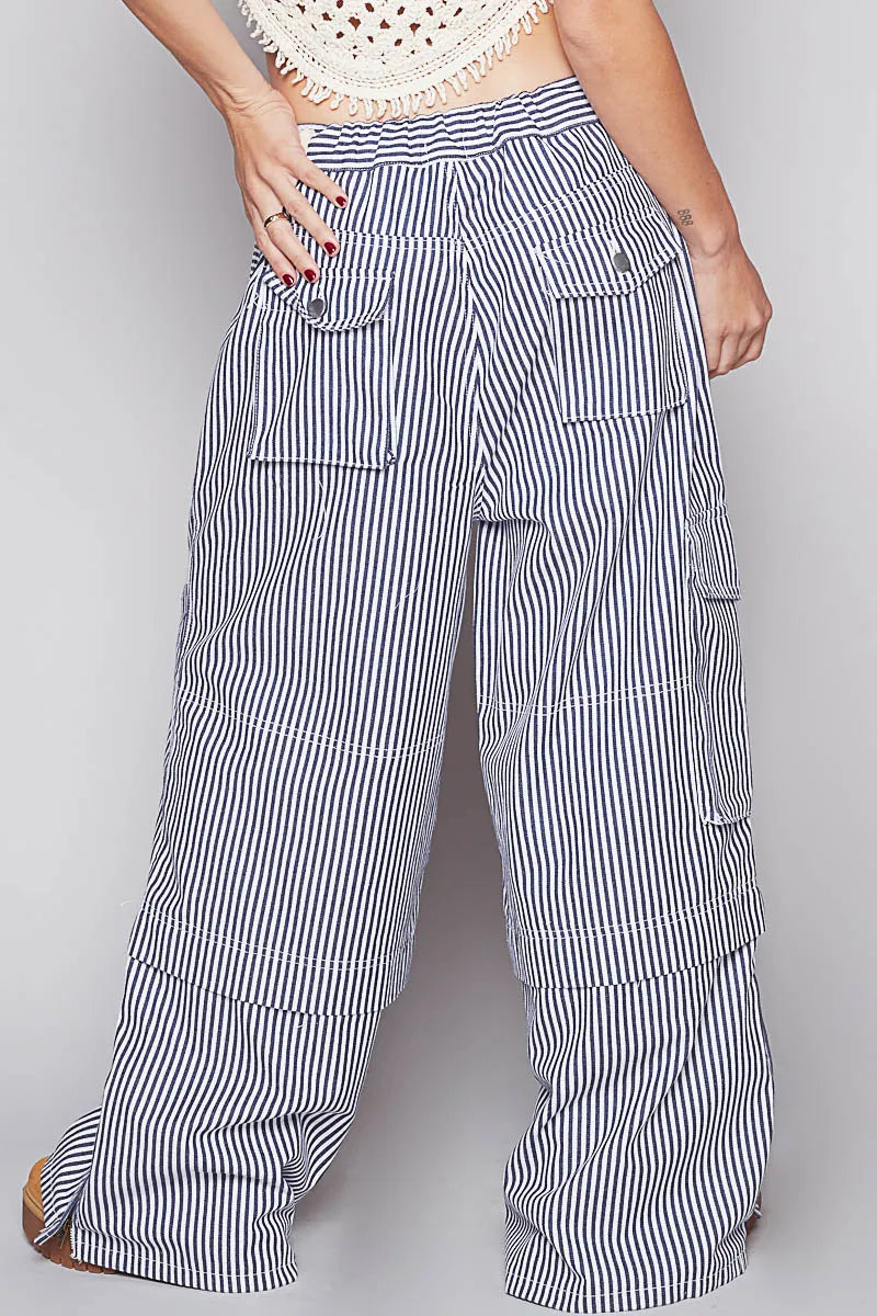 POL Striped Wide Leg Pants with Cargo Pockets