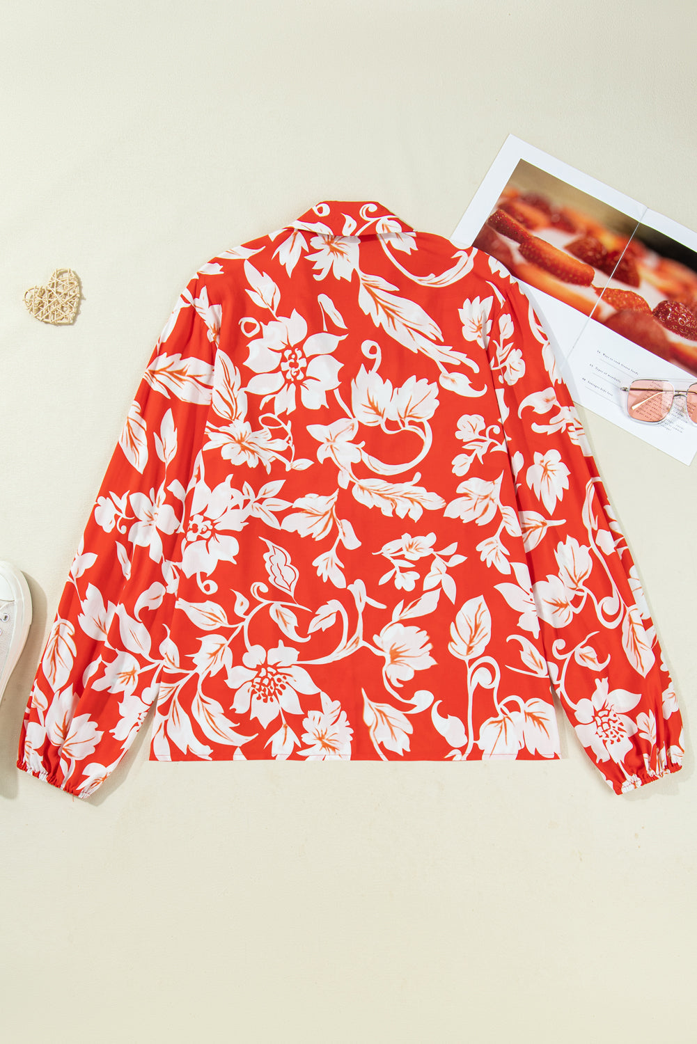 Premium Red Plus Size Floral Print Loose Button Up Shirt For Women
