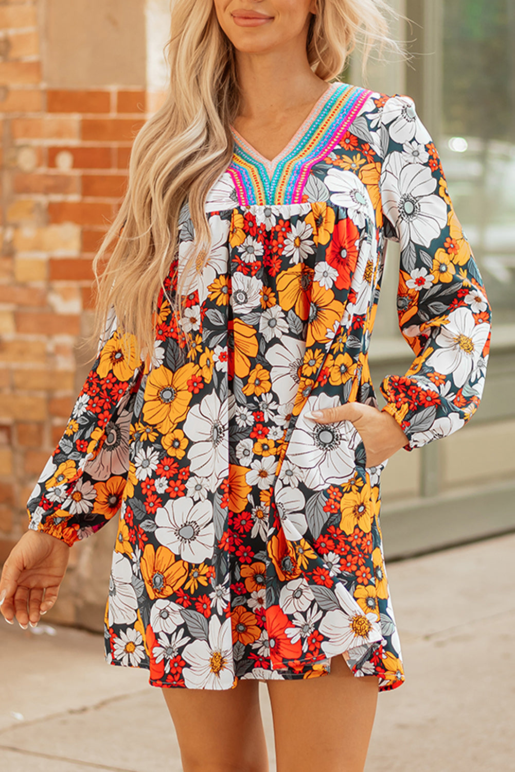 Orange Floral Print Lace V Neck Long Sleeve Mini Dress
