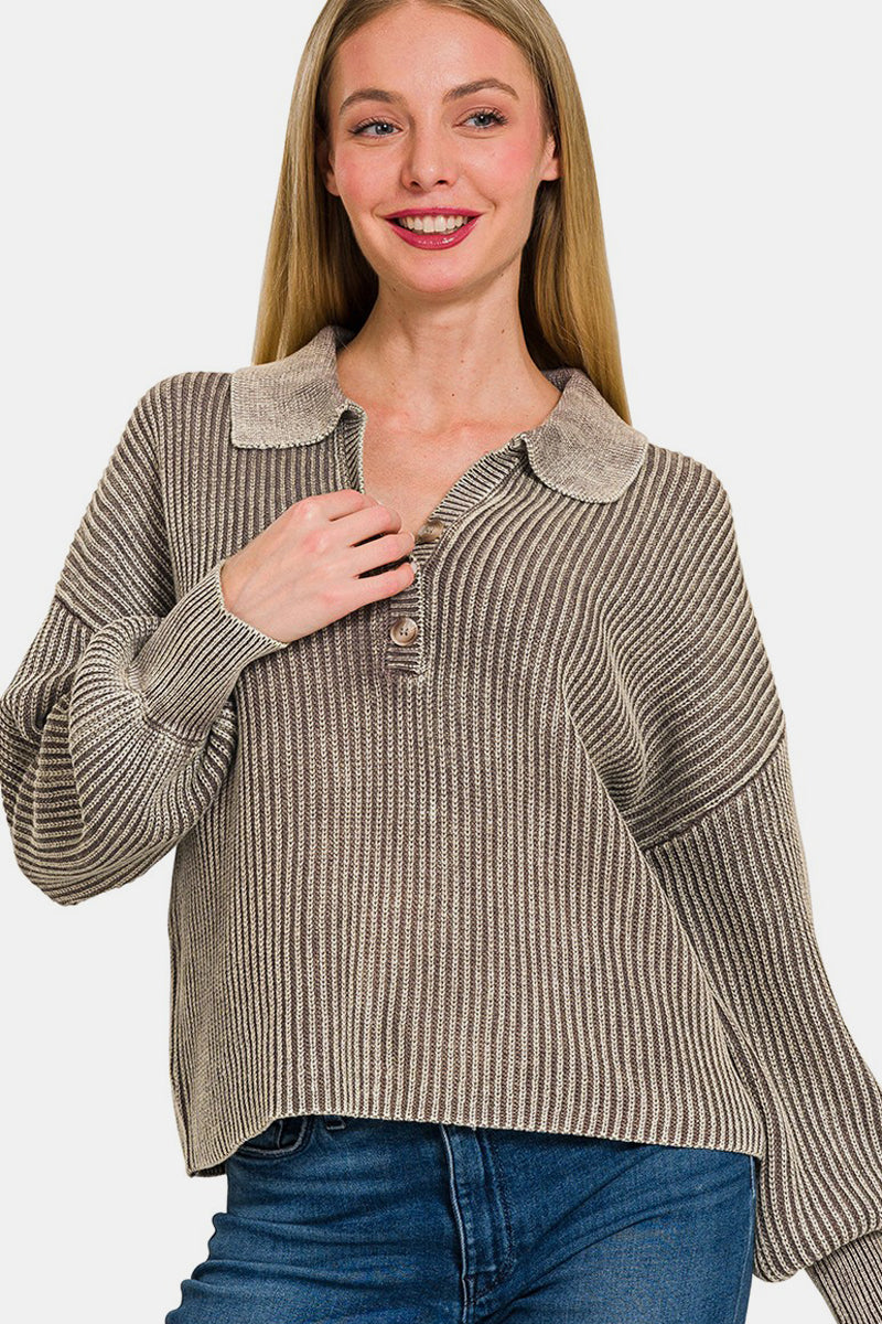 Zenana half button long sleeve top