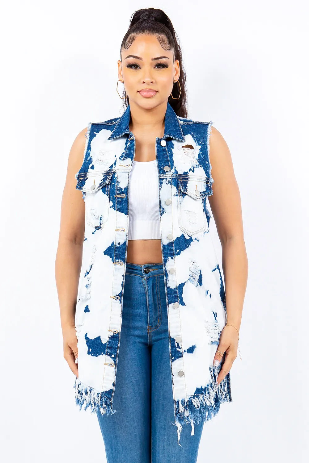 Trendsi American Bazi Distressed Frayed Edge Longline Denim Vest - Apparel & Accessories Clothing Shirts & Tops