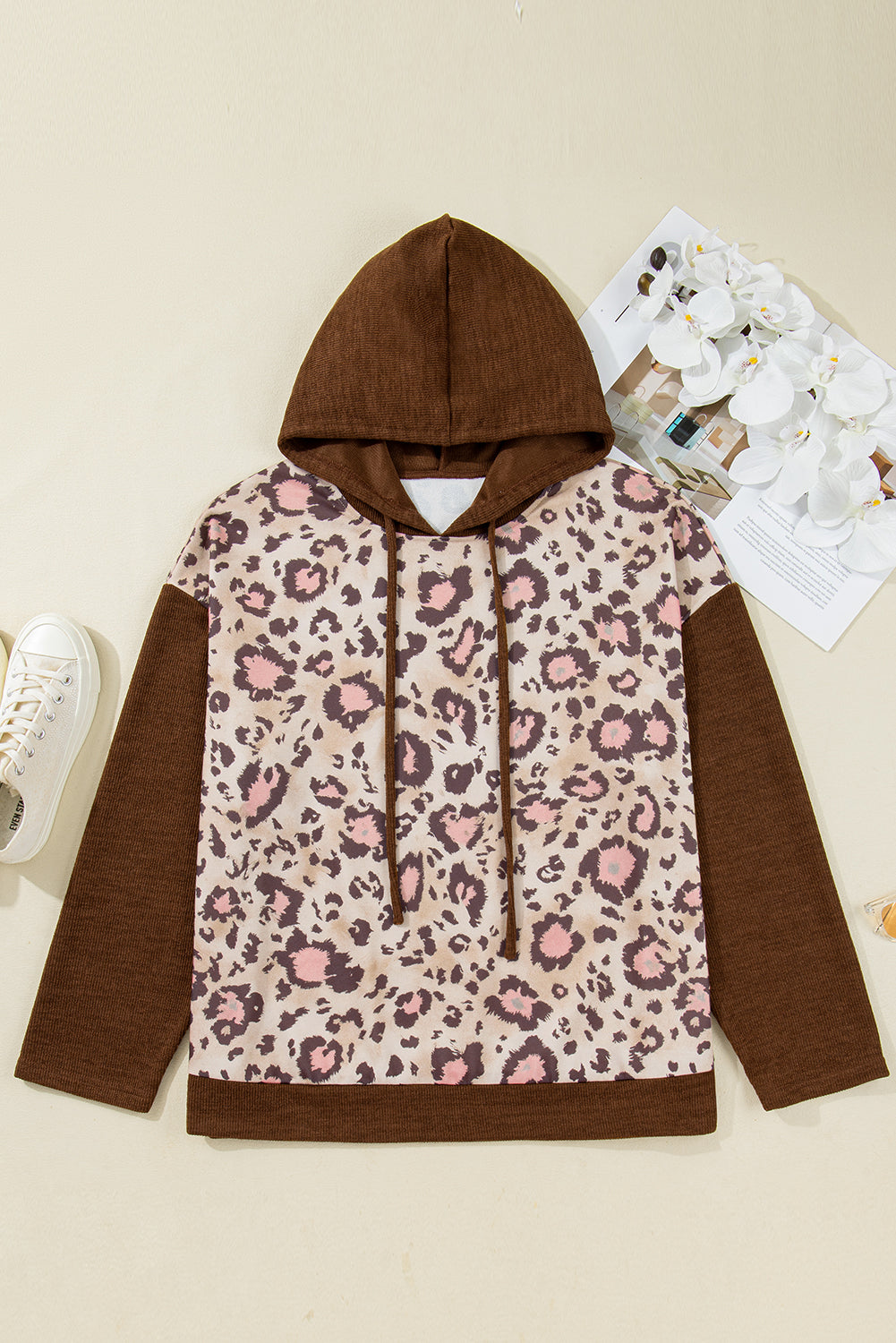 Brown Leopard Print Knit Patchwork Plus Size Hoodie