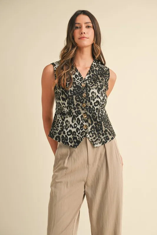 Trendsi Women's Grey Small Stretch Leopard Denim Vest