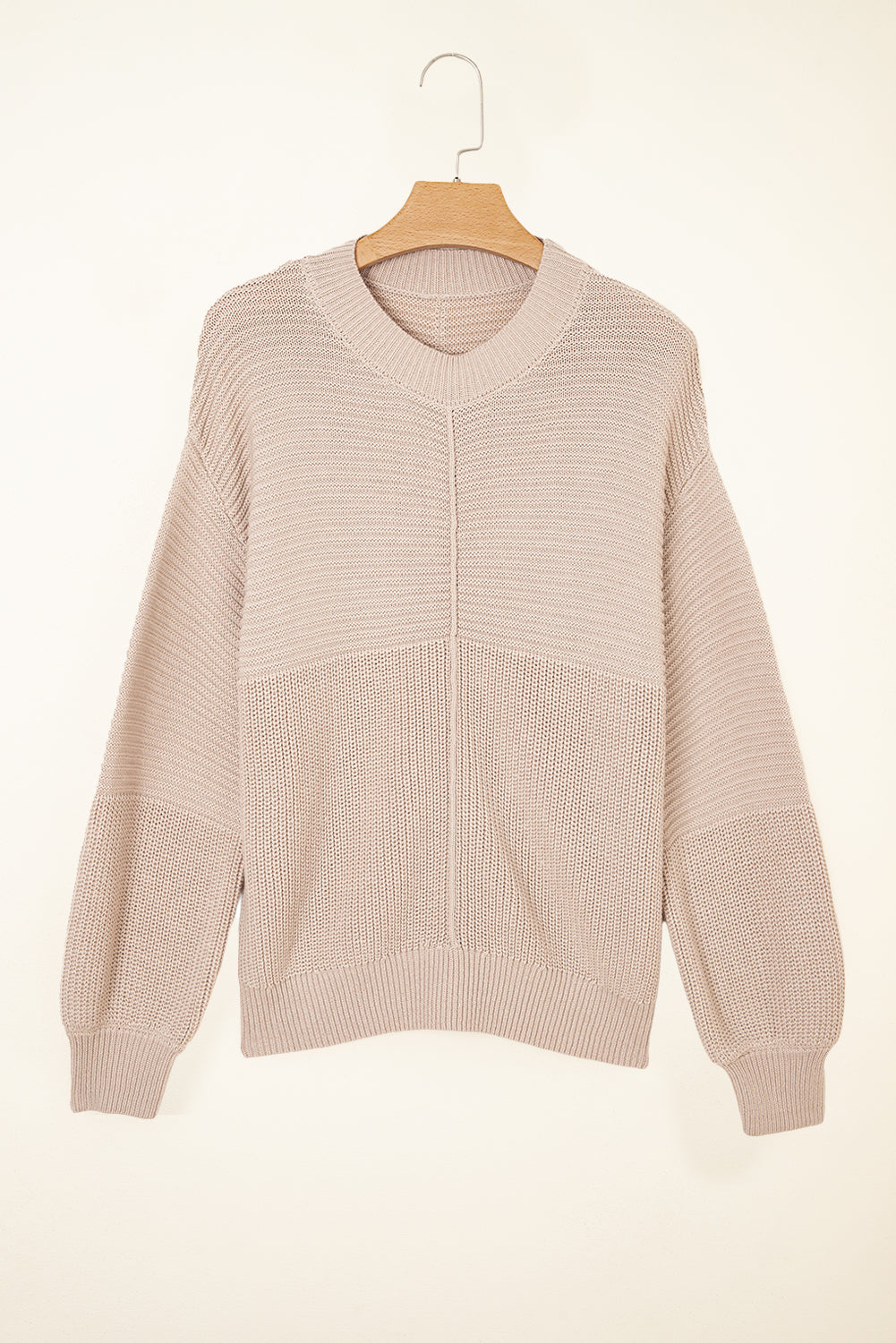Premium Parchment Mixed Texture Patchwork Knitted Puff Sleeve Sweater