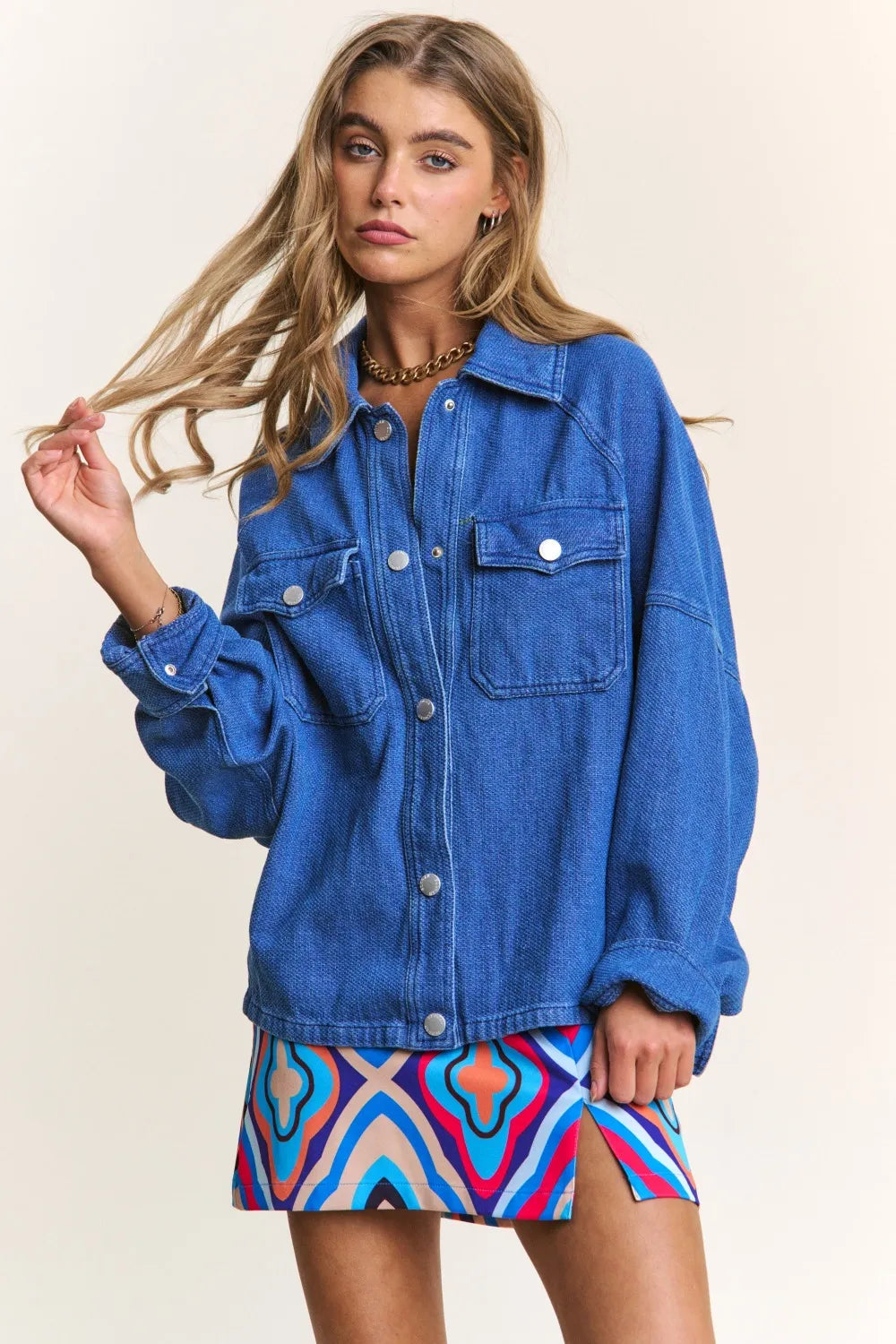 J.NNA Snap Down Long Sleeve Denim Shacket for Women