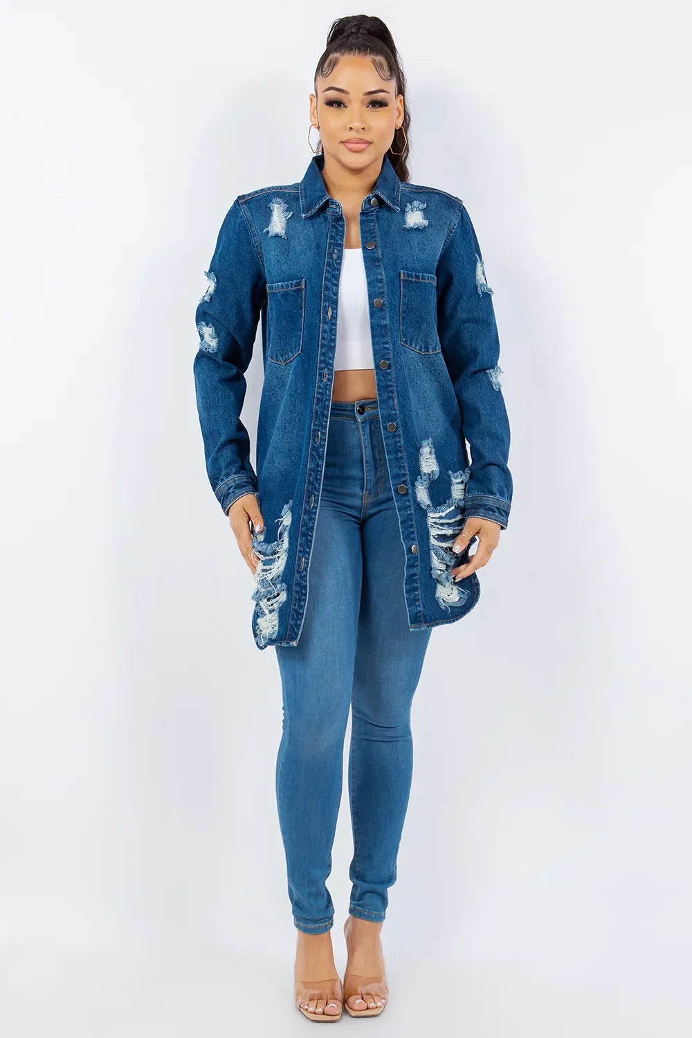 Trendsi American Bazi Distressed Long Sleeve Denim Jacket - Button Up, Apparel & Accessories