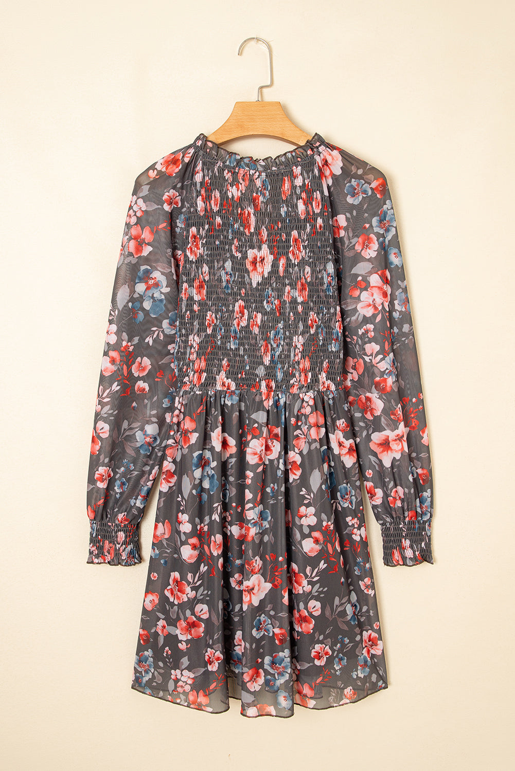 Brown Frilly Smocked Bodice Mesh Long Sleeve Mini Dress