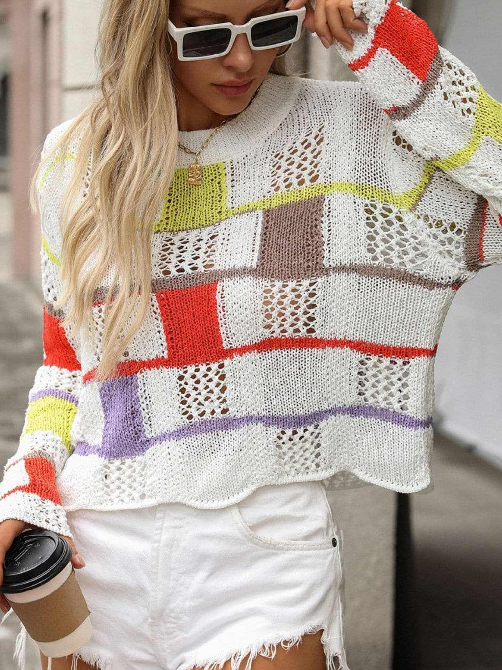 Colorful crochet round neck pullover