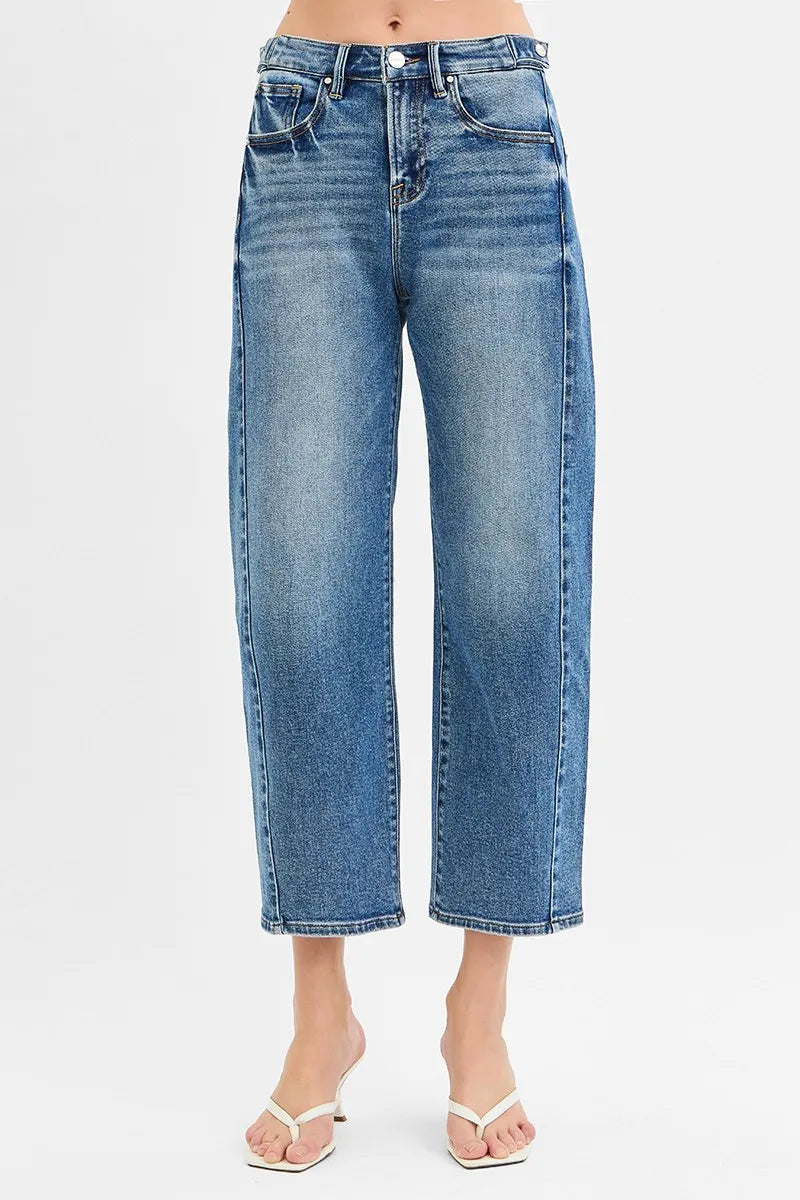 Risen High Rise Cropped Jeans Barrel Adjustable Waistband
