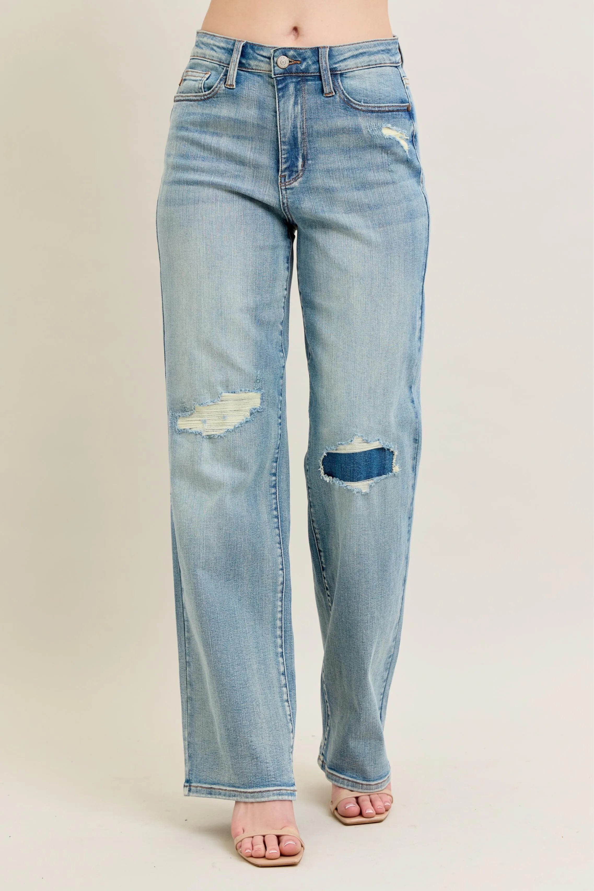 Judy Blue Plus Size High Rise Destroyed Knee Patch Straight Jeans