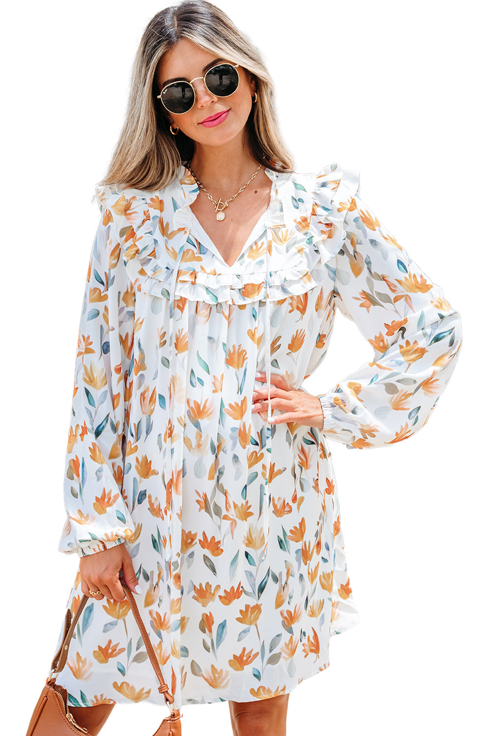 Yellow Floral Print Tie Neck Frilled Long Sleeve Mini Dress