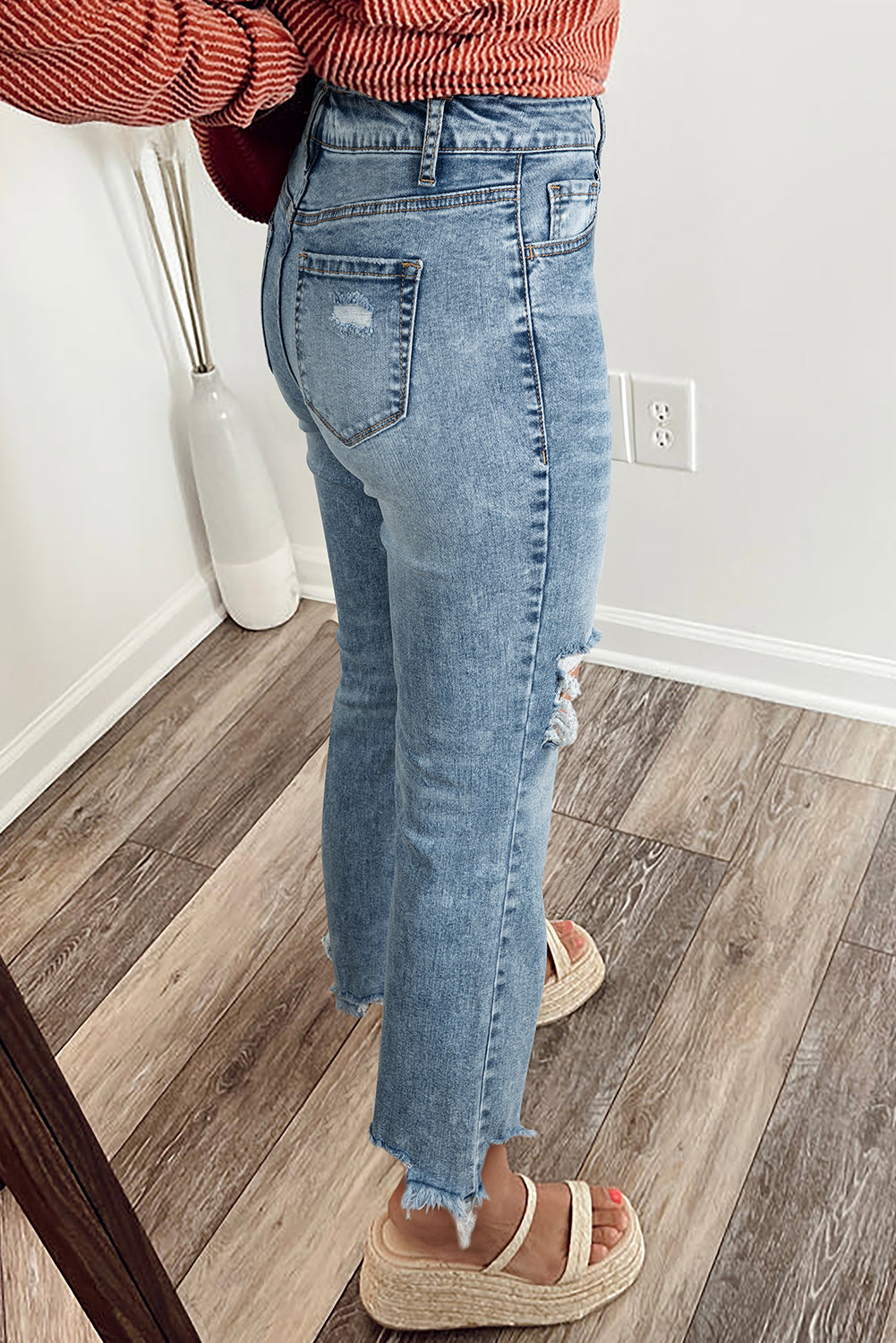 Myosotis Raw Hem Ripped Open Knee Fit Flare Jeans Denim