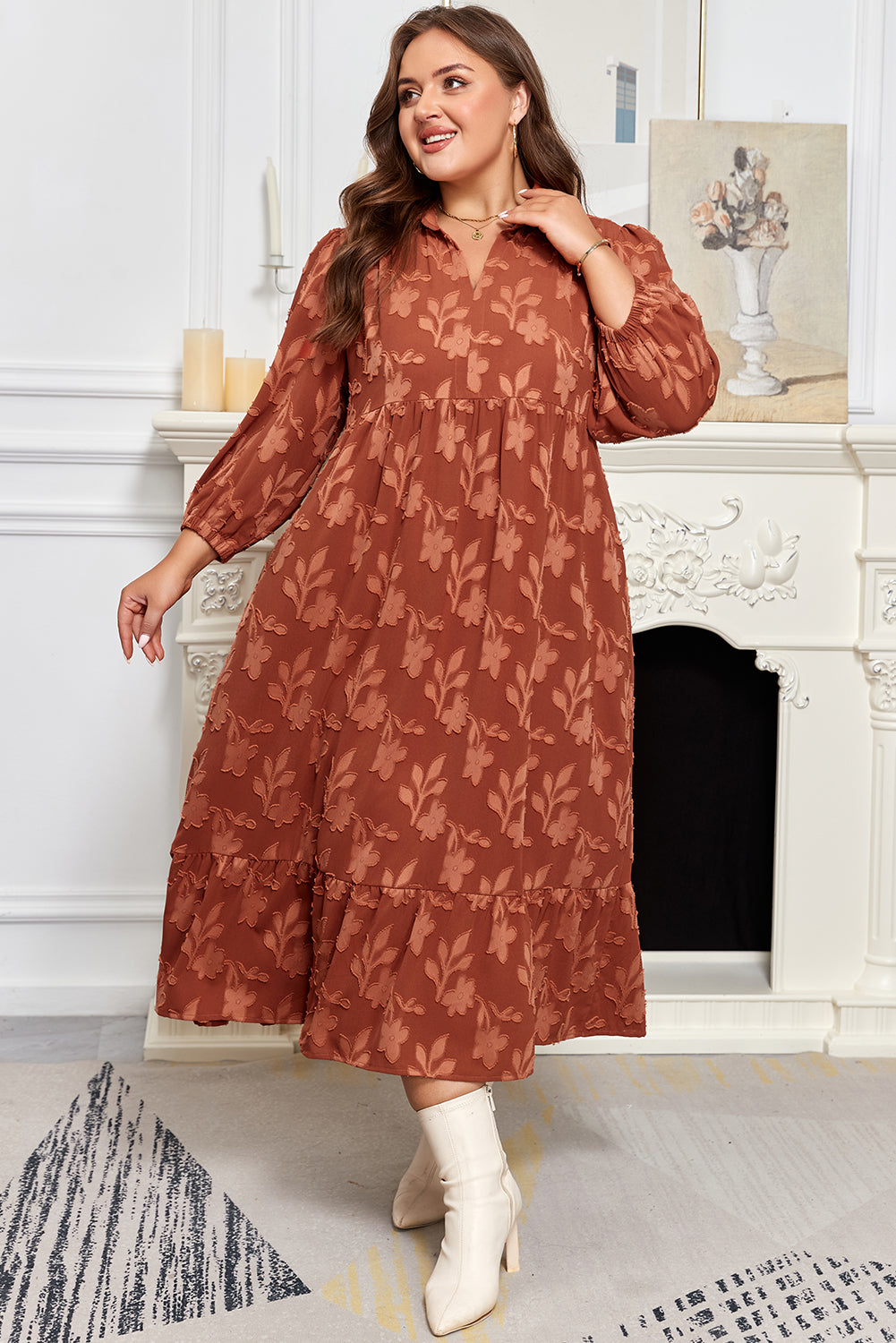 Premium Cinnamon Plus Size Textured 3D Flower Dress Ruffle Hem Long