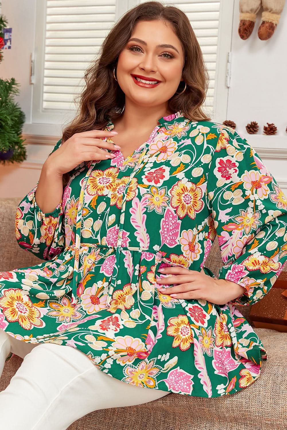 Green floral plus size babydoll top