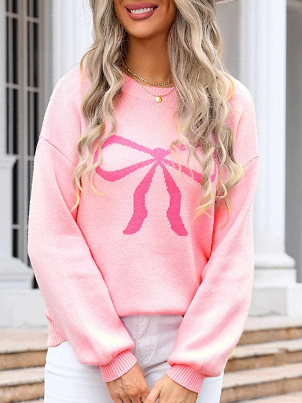 Charming bow print long sleeve sweater