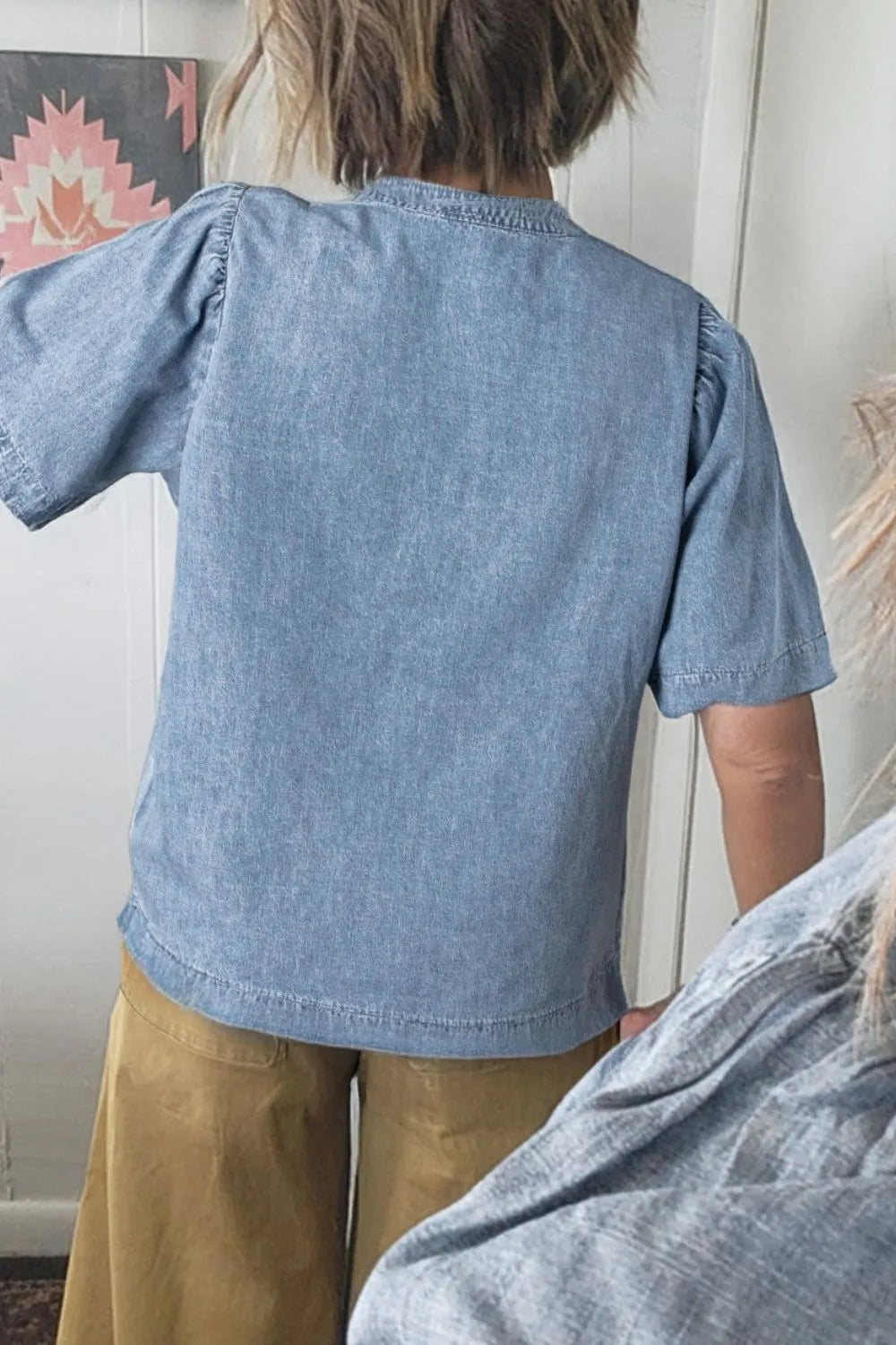 Casual Notched Puff Sleeve Denim Top