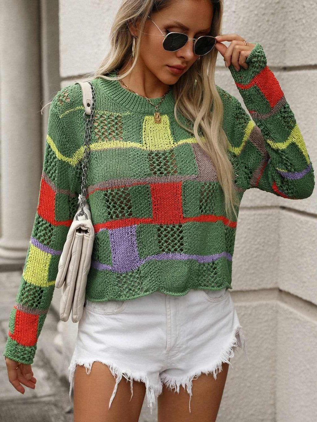 Colorful crochet round neck pullover