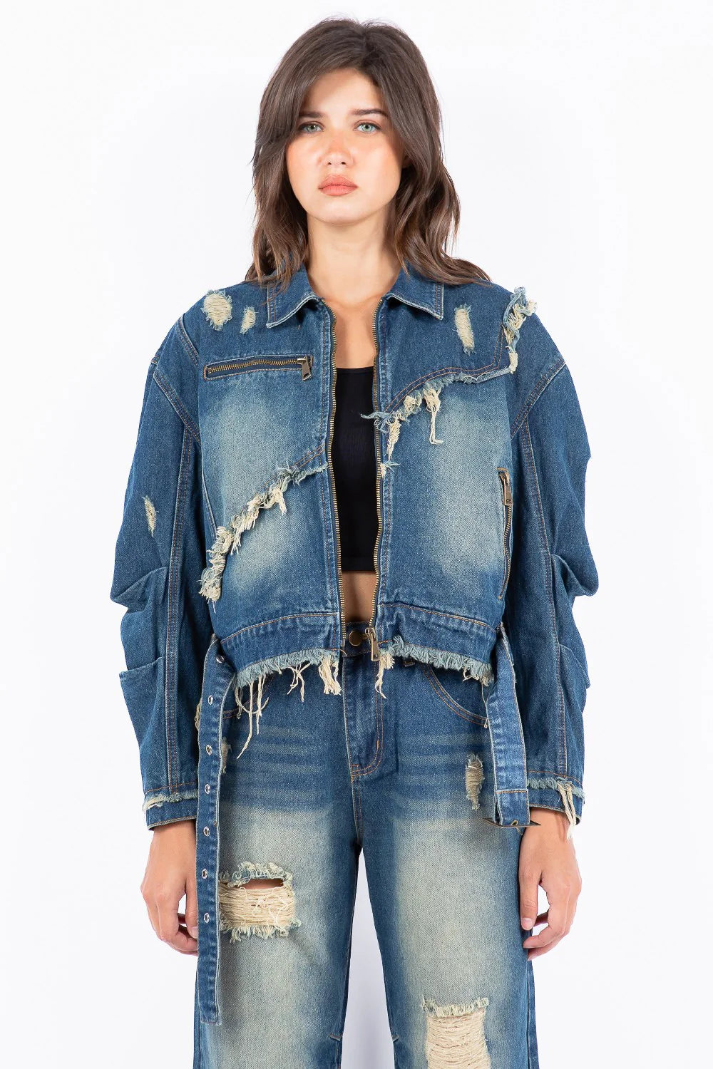Trendsi American Bazi Full Size Distressed Frayed Edge Zip Up Denim Jacket Plus Size