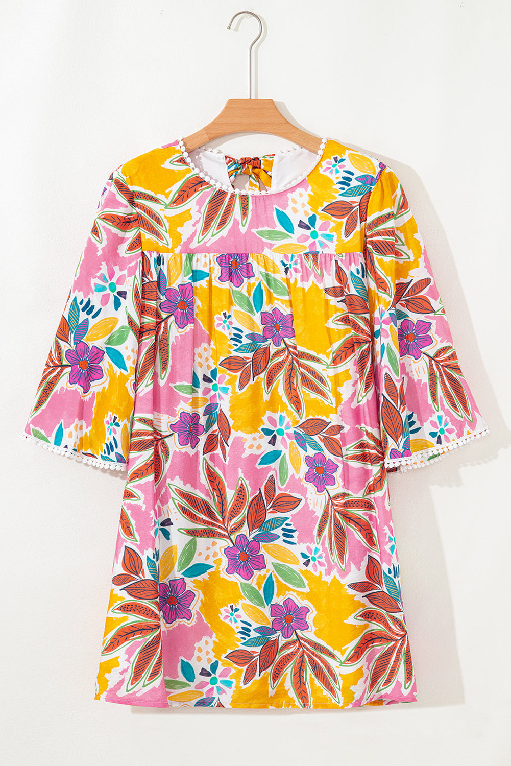 Premium Pink Floral Print Lace Trimmed Tie Back Bell Sleeve Dress