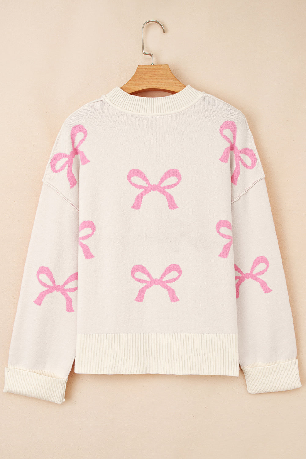 Pink Bow Print Ribbed Trim Drop Shoulder Loose Sweater
