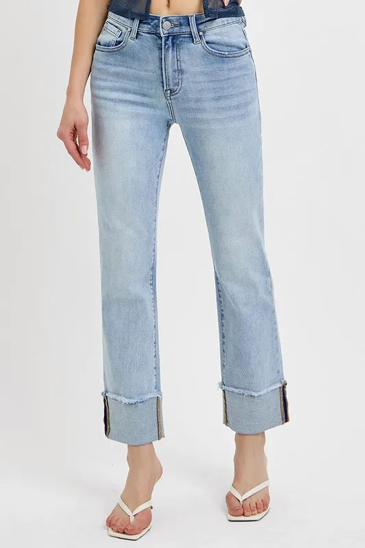 Risen High Rise Straight Cuffed Relaxed Jeans For Women