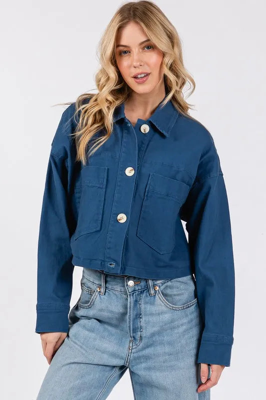 Bytos Button Down Cropped Denim Jacket With Patch Pockets