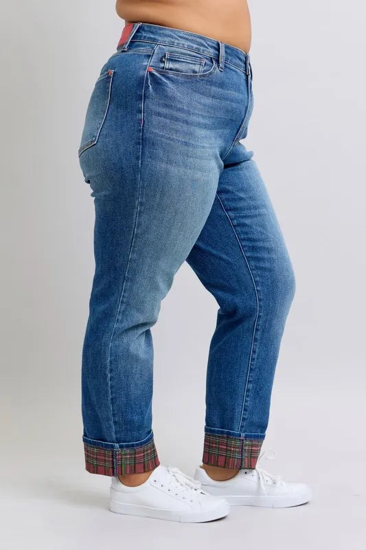 Judy Blue Plaid Print Cuff Boyfriend Jeans Plus Size