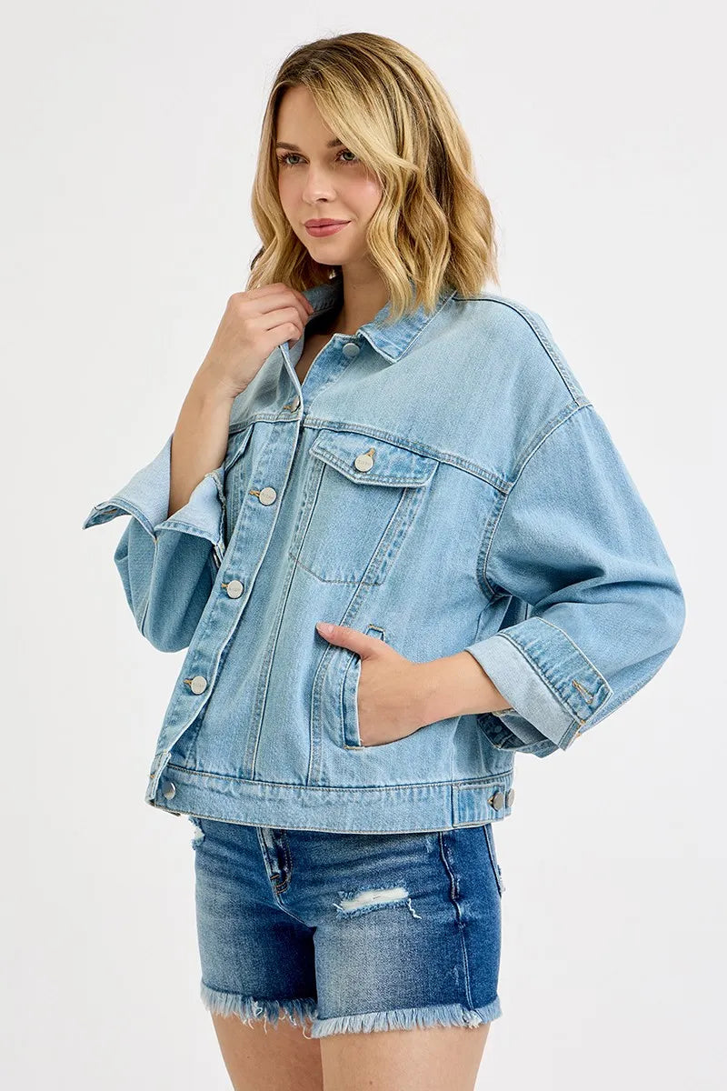 RISEN Washed Dropped Shoulder Denim Jacket Oversized Fit