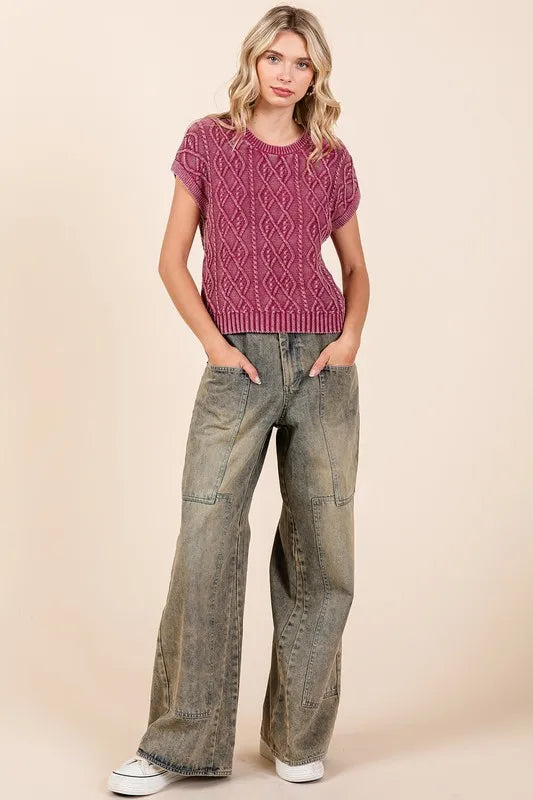 Mittoshop Washed Wide Leg Jeans With Pockets
