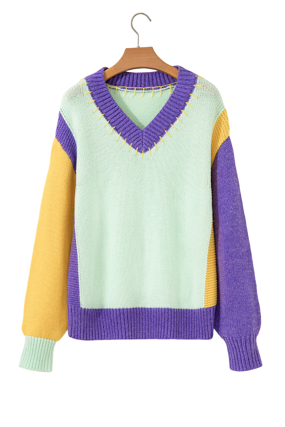 Premium Green Stitched V Neck Color Block Knitted Drop Shoulder Sweater