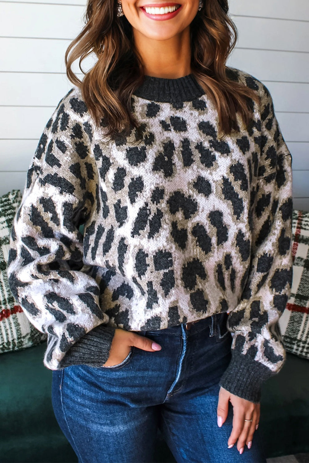 Carbon Grey Leopard Drop Shoulder Baggy Knit Sweater
