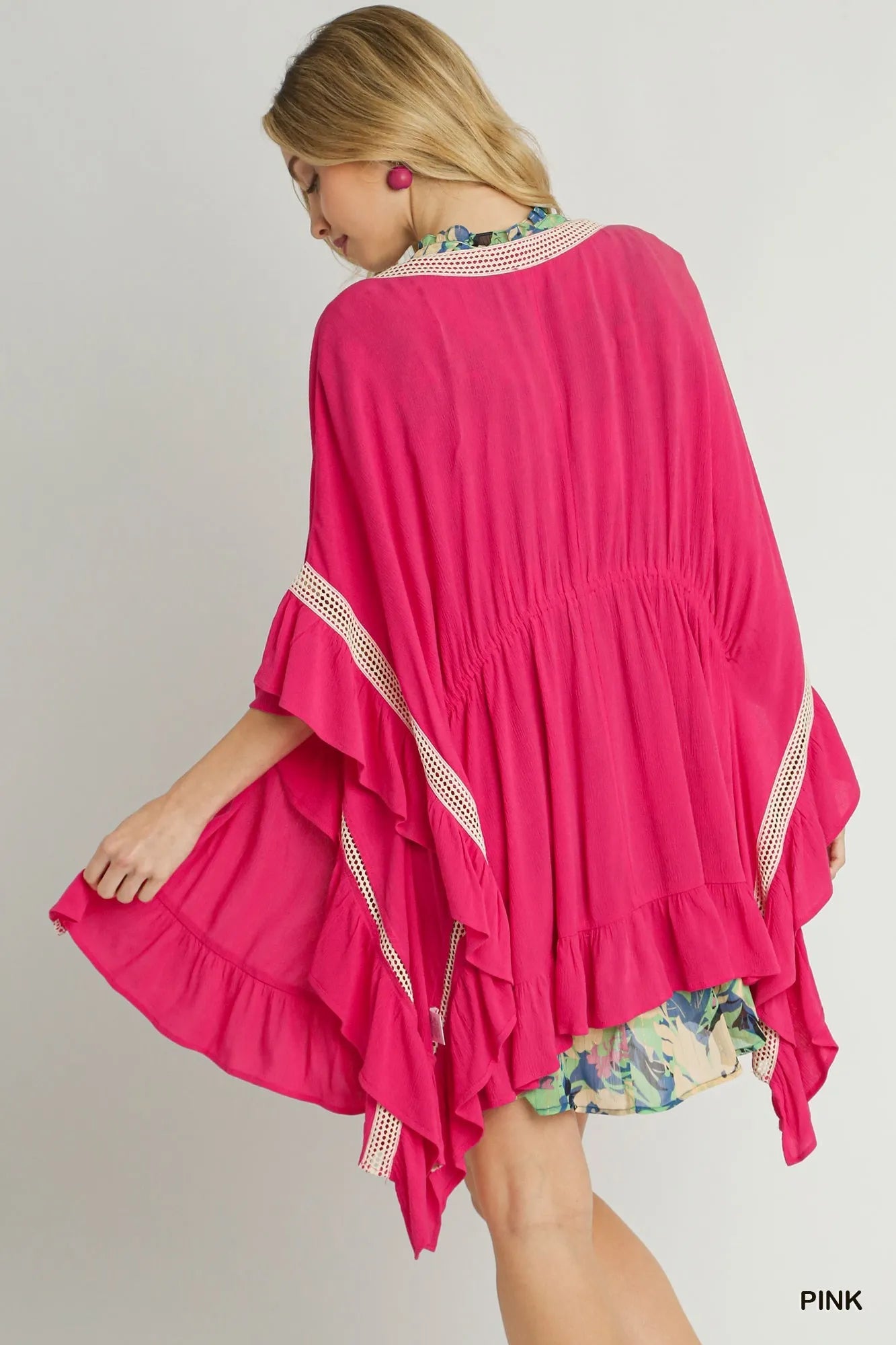 Umgee Ruffle Trim Kimono with Crochet Accent