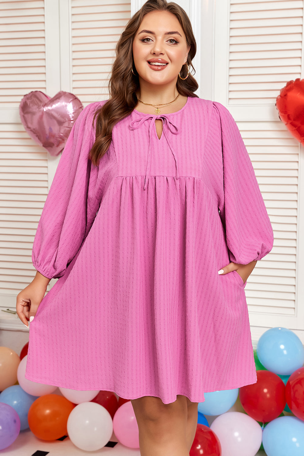 Premium Sachet Pink Plus Size Textured Tie Split Neck Puff Sleeve Flowy Mini Dress