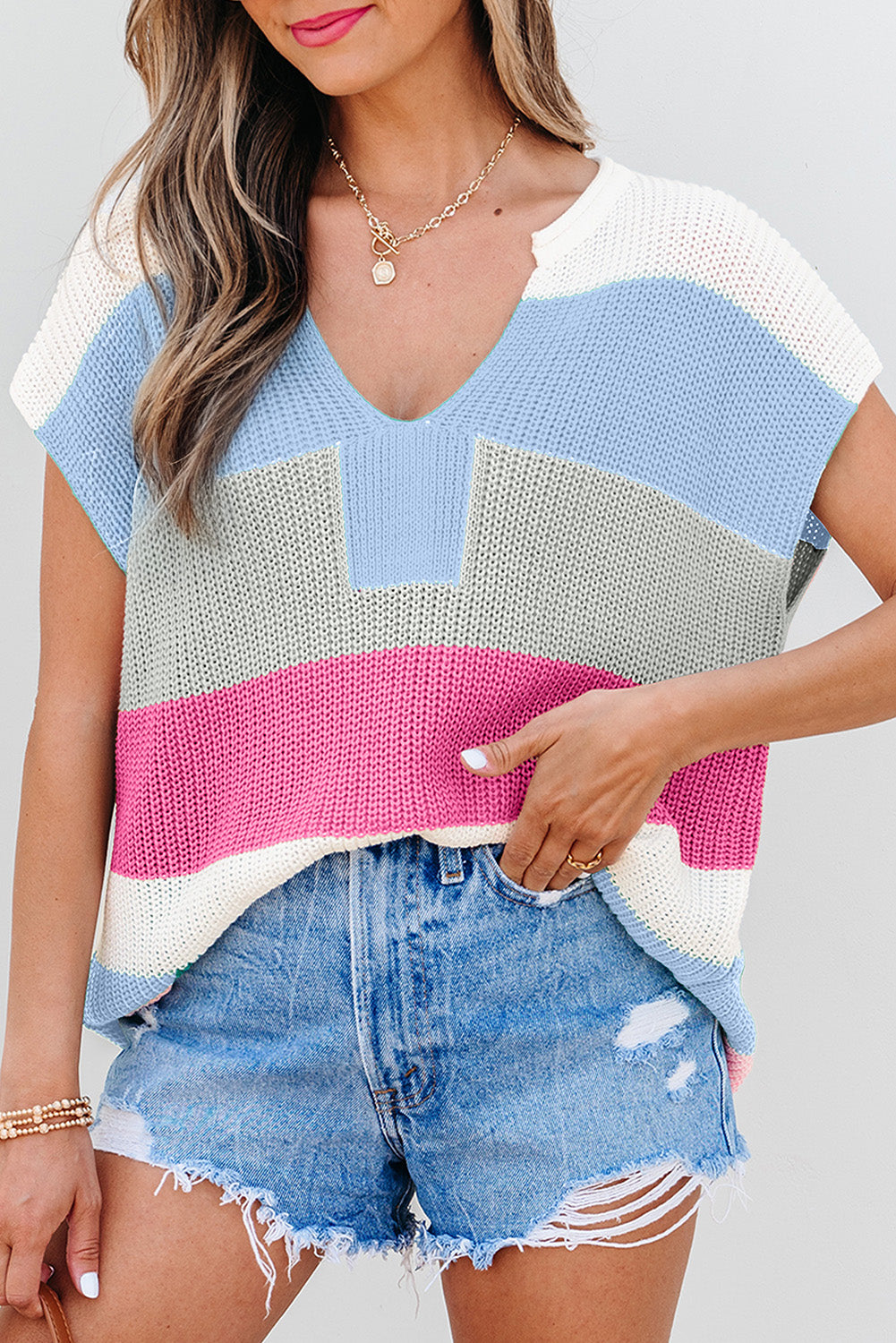 Light Blue Color Block Notch V Neck Sweater T Shirt for Women