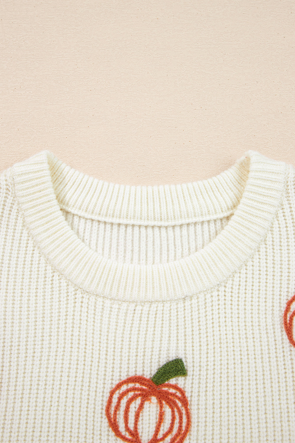 Beige Pumpkin Embroidered Ribbed Thanksgiving Sweater