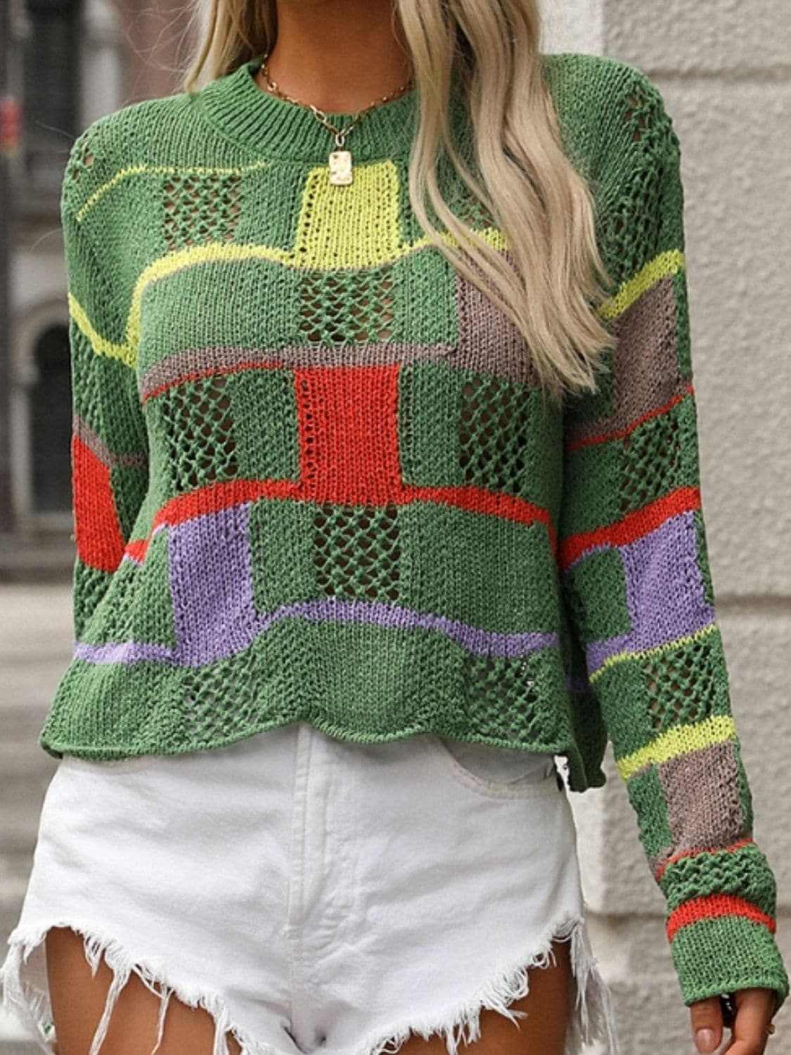 Colorful crochet round neck pullover