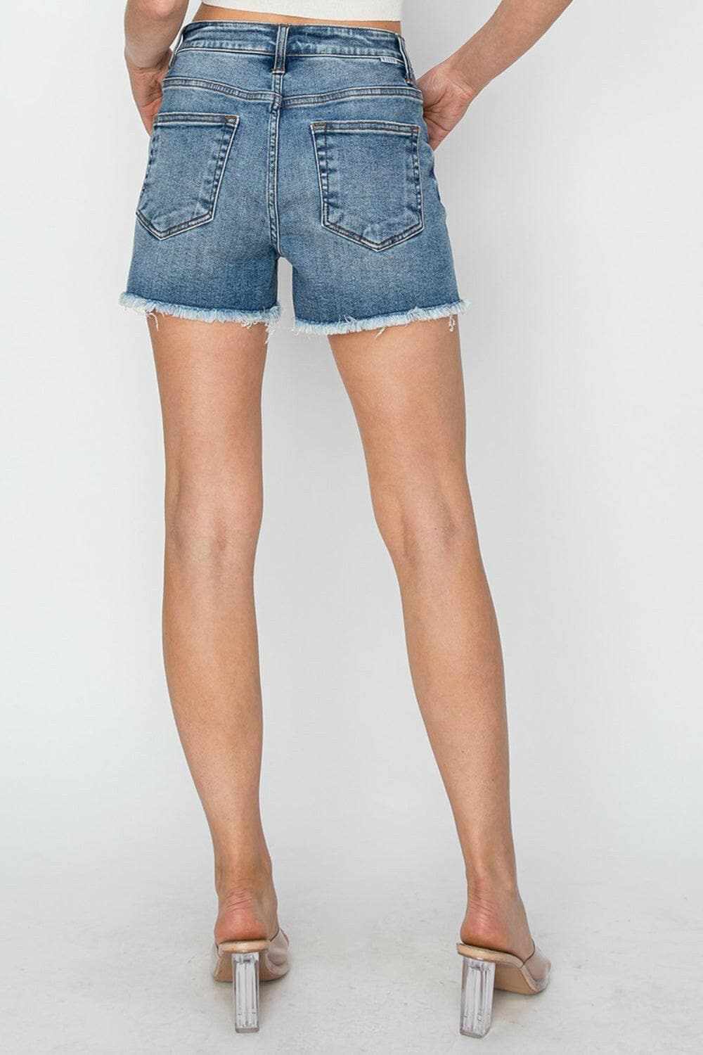 Premium Risen frayed denim shorts, stepped waist