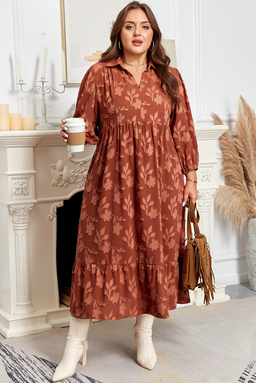 Premium Cinnamon Plus Size Textured 3D Flower Dress Ruffle Hem Long