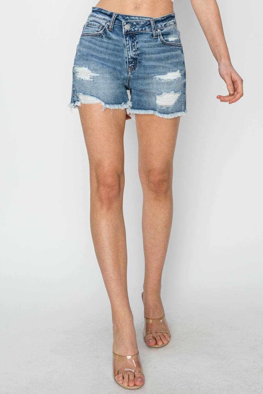 Premium Risen frayed denim shorts, stepped waist