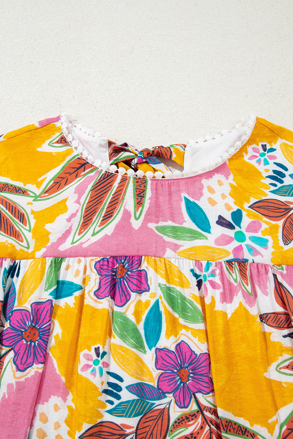 Premium Pink Floral Print Lace Trimmed Tie Back Bell Sleeve Dress