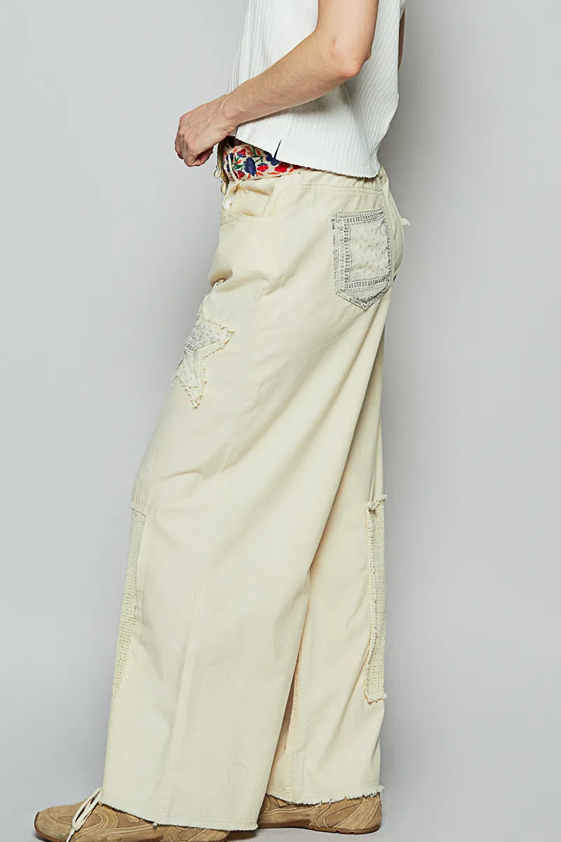 POL Raw Hem Star Patch Wide leg Pants