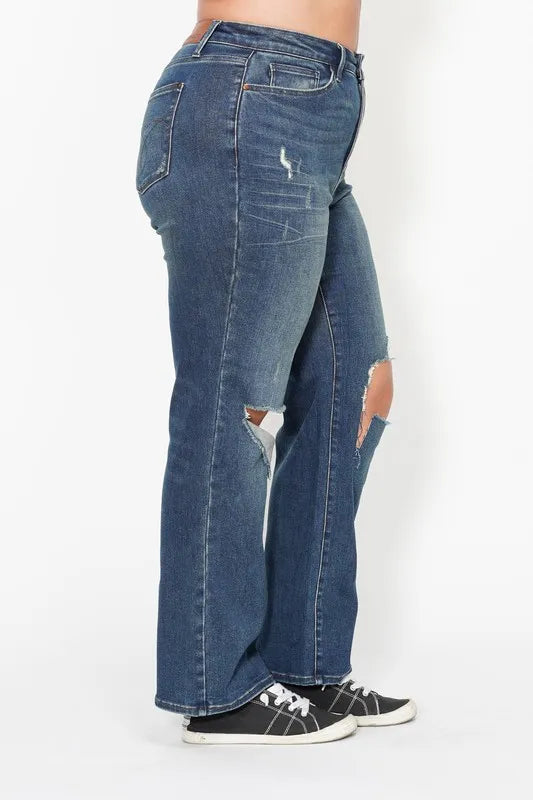 Judy Blue Plus Size High Waisted Ripped Knee Dad Jeans