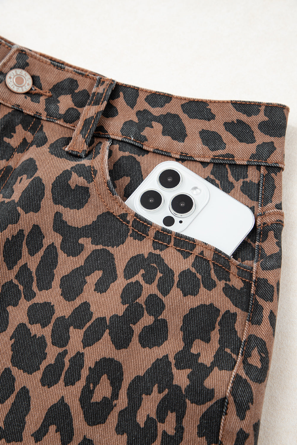 Brown Leopard Denim Frayed Split Denim Midi Skirt For Women