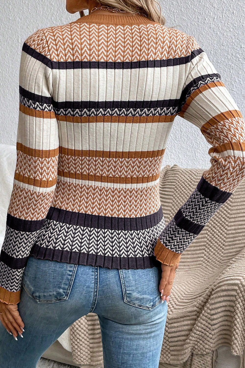 Premium Brown Stripe Knit Slim Sweater With Ribbed Trim Detail
