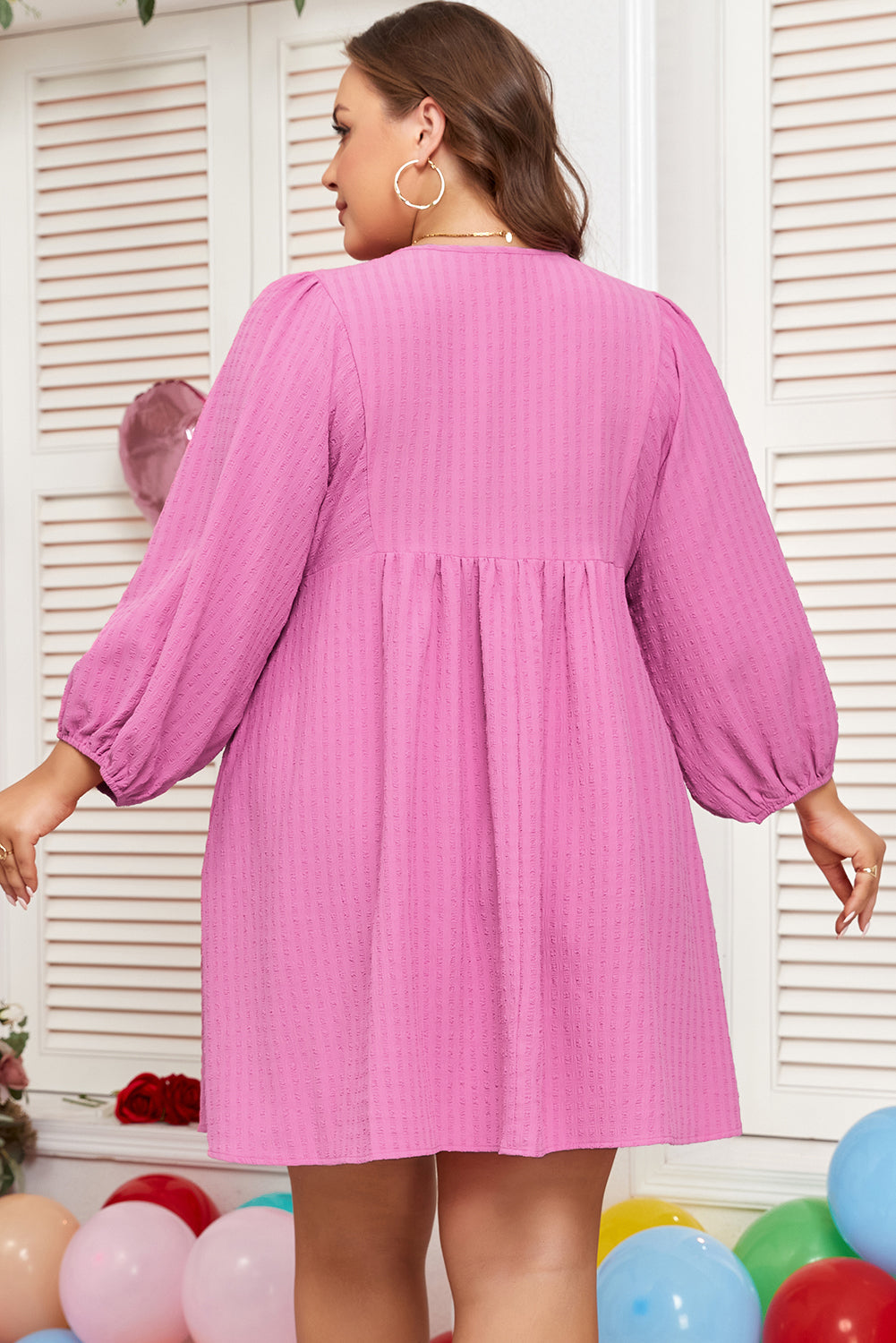 Premium Sachet Pink Plus Size Textured Tie Split Neck Puff Sleeve Flowy Mini Dress