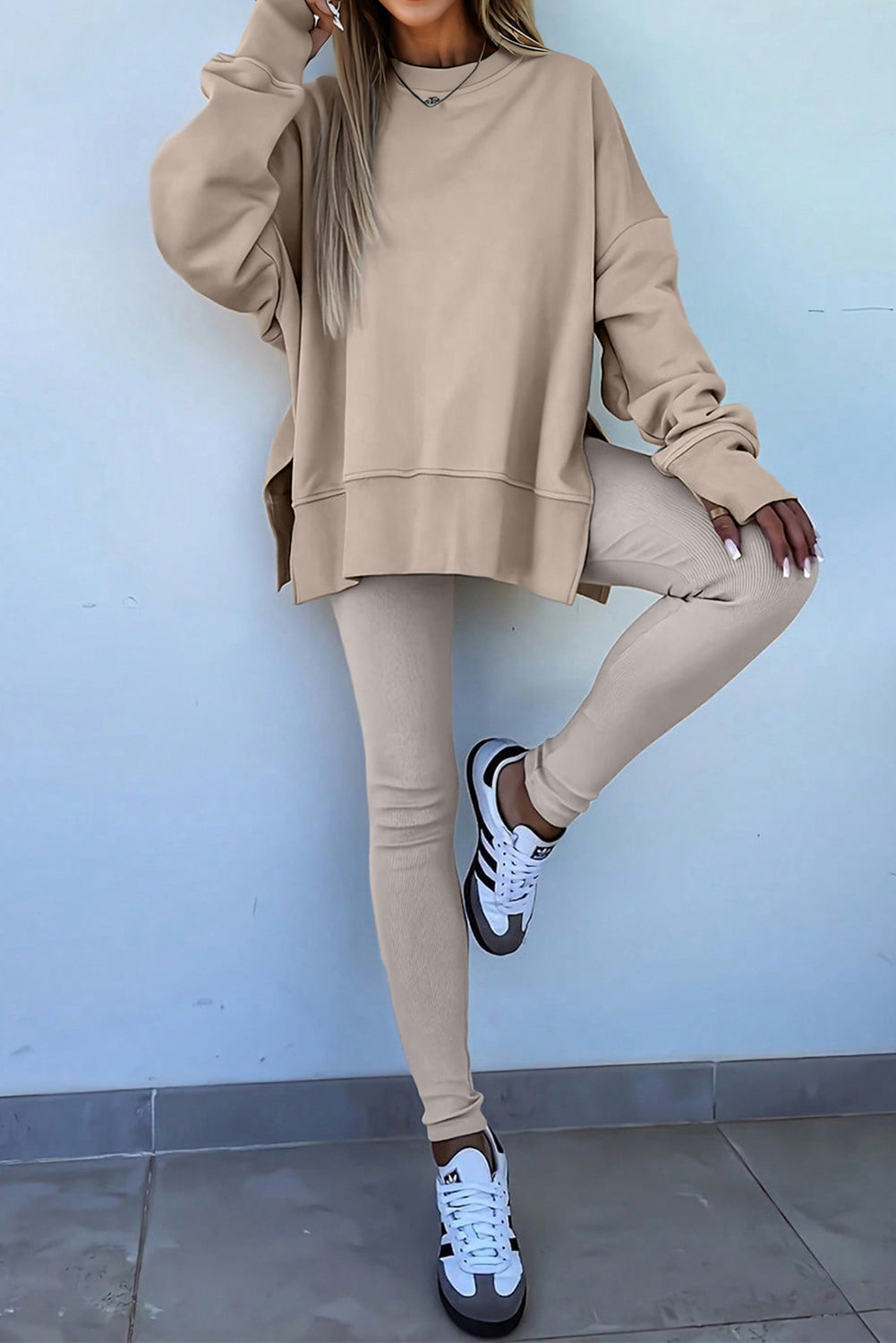 Jet Stream Oversize Slit Sweatshirt And Ribbed Leggings Set