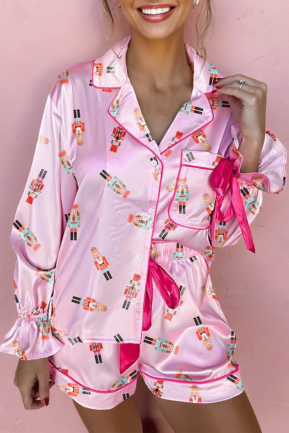 Pink Nutcracker Print Two Piece Pajama Set Contrast Trim Bow